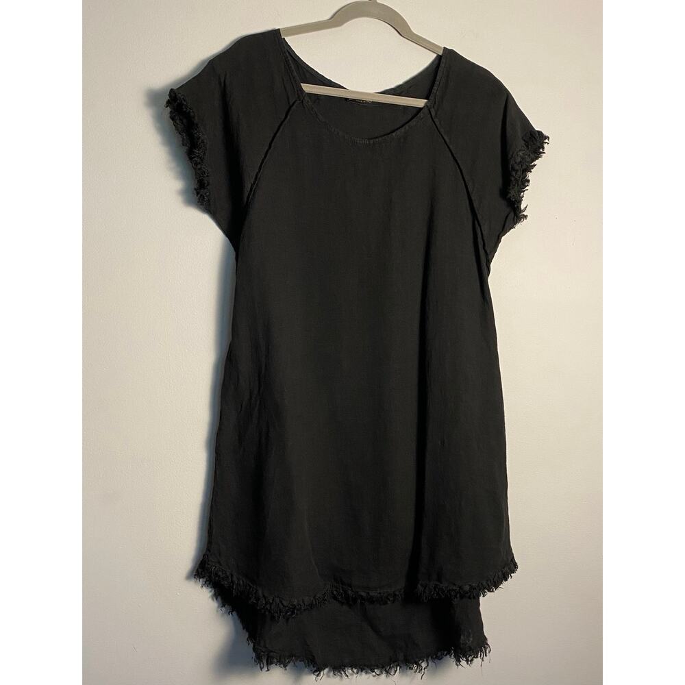 Lagenlook Women's Size Large Linen Dress Asymmetrical Raw Hem Dolman Sleeve